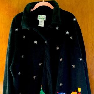 Quacker Factory Black Christmas Fleece Button Down Top Jacket 1X Snowman Design
